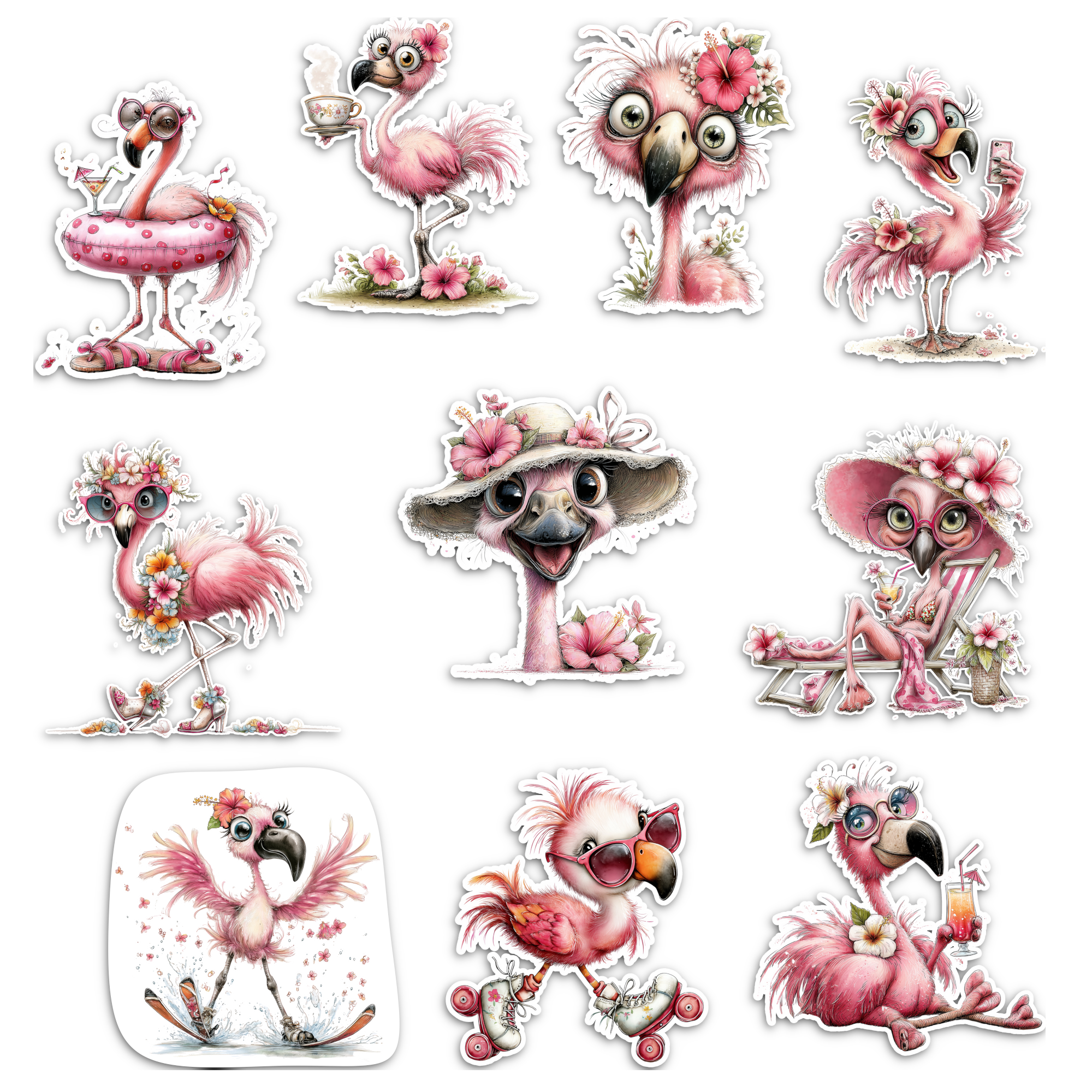 Flamingos Sketched Vinyl Stickers (Colour) - Set of 10